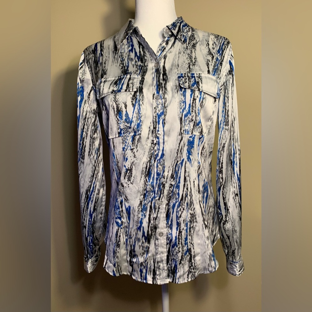 EUC Top: Button-Down, Satiny-Feel, White/Vertical Striping, Paintbrush Striping